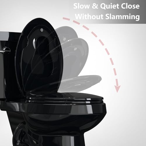 Elongated Toilet Seat with Built-in Toddler Seat for Easy Potty Training – Slow Close Feature,Easy Install and Clean, Perfect for Both Adults and Children,Black