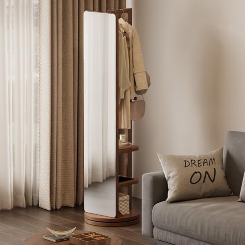 Image of WoodsWhisper Full Length Mirror Coat Rack Solid Wood Floor Mirror 66 inchx12 inch Full Length Mirror with Stand Long Mirrors for Bedroom,Living Room (Deep Walnut, 66 inch Lx12 W)