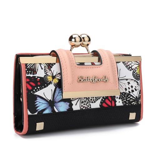 VNFIOEI Women's Long Wallet, Vintage Floral Kiss-Lock PU Leather Long Clutch, Metal Clasp, Large Capacity Card/Cash Organizer, ID Window & Coin Pocket, Retro Design for Parties & Daily Use