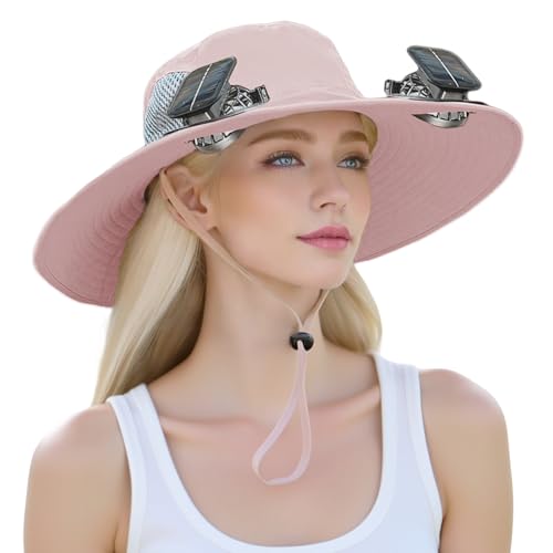 BUFAZO Women's Wide-Brimmed Sun Hat, 2-Solar Fan Waterproof Breathable Bucket Hat, Outdoor Fishing Hat, Hiking and Camping (Pink)