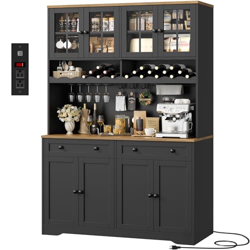 Image of HOSTACK 75.4 inch Tall Kitchen Pantry Cabinet with Charging Station, Modern White Kitchen Hutch with Microwave Stand and Wine Rack, Large Food Pantry Storage Cabinet with Glass Doors and Drawers, Black