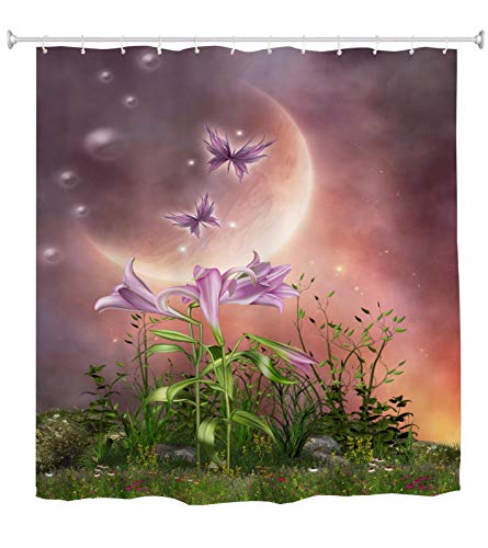 A.Monamour Magia Planeta Lirio Flor Hada Mariposa Encantada Cuento De Hadas Jardín Escena Impresión Impermeable Grueso Engrosar Tela Poliéster Conjunto Cortina De Ducha con Ganchos 180x200 cm
