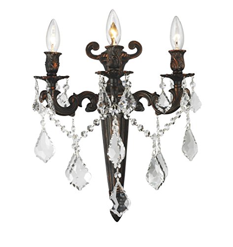 Worldwide Lighting W23317F15 Collection 3 Light Dark Bronze Finish Sconce 15" W x 18" H Large Versaille Torch Wall, Clear Crystal