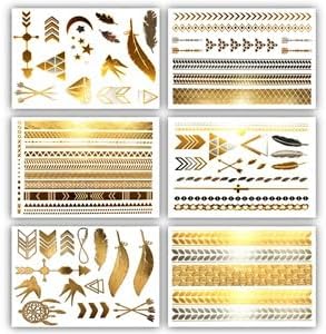 Metallic Bohemian Temporary Hair Tattoos - Over 75 Designs Gold Silver (6 Sheets) Terra Tattoos Hazel Collection