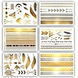 Terra Tattoos Gold Metallic Tattoo Flash Sheets Designs of Stars, Feathers, Moon & more! Face Tattoos for Women Waterproof Nontoxic Long Lasting 75+ Designs for Vacation, Festivals Parties - Gold