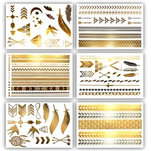 Terra Tattoos Gold Metallic Tattoo Flash Sheets Designs of Stars, Feathers, Moon & more! Face Tattoos for Women Waterproof Nontoxic Long Lasting 75+ Designs for Vacation, Festivals Parties - Gold