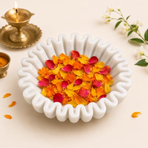 Image of Marble Urli Bowl for Home Decor | Handcrafted Floating Bowl, Decorative Centerpiece for Living Room, Luxury Stone Urli Dish, Pooja Decor & Festive Gift Item (Ruffle Urli /6 Inch)