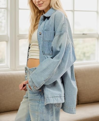 Kedera Women's Striped Denim Jackets Casual Long Sleeve Fall Jean Outfits Boyfriend Denim Coat with Pockets3