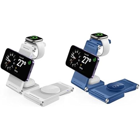 2 Pack GEJIUCAI Magnetic Wireless Charger Foldable 3 in 1 Charging Station for iPhone 15 14 13 12 Series, for Apple Watch 9/8/7/6/5/4/3/2(White & Blue) Cover