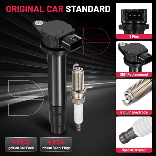 Image of BDFHYK 4 Ignition Coil Pack UF326 and 4 Iridium Spark Plug 4505 Compatible with Nissan Sentra 2000-2002 1.8L L4 Coil for 224484M500 224484M50A UF326 SKIC018 UF232 COP486 CUF326 6734013 GN10505