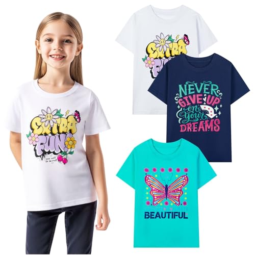 Image of HILEELANG Girl T-Shirts Short Sleeve Graphic Tees Cotton Casual Summer Tops Shirts Packs