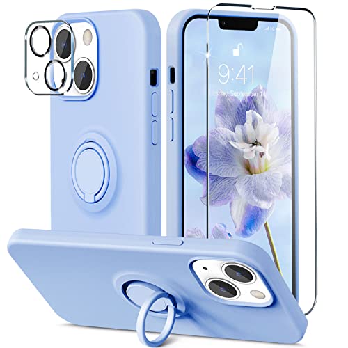 RQQ [5 in 1 Designed for iPhone 13 Case Kickstand, with 2 Pack Screen Protector + 2 Pack Camera Lens Protector, Liquid Silicone Slim Shockproof Cover [Anti-Scratch] [Drop Protection] - Light Blue