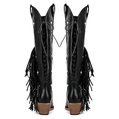 Image of richealnini Western Thigh High Cowboy Boots with Fringe Over Knee Wide Calf Cowgirl Boots