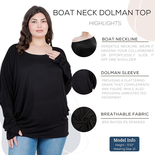 Azules Dolman Top for Women - Oversized Off Shoulder Sweater, Batwing Long Sleeve Shirts, Boatneck Tunic Blouse, Plus Size 5