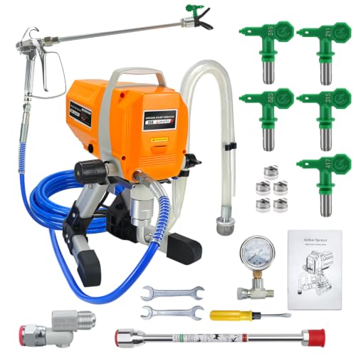 Airless Paint Sprayer for Painting 1200W Paint Sprayer 3200PSI Thinning-Free for DIY House Painting with 12'' Extension, Suction Tube, 211,315,417,519,623 Tip, 25FT Hose for Walls, Fences, Decks