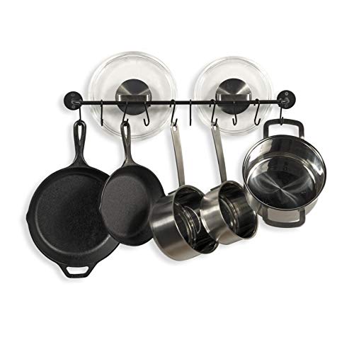 Fasthomegoods Steel Gourmet Kitchen 24 Inch Wall Rail and 10 S Hooks Utensil Pot Pan Lid Rack Storage Organizer Set, Black