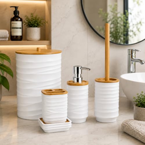 Akrilik Banyo Seti 5 Parça, Çöp Kovası, Tuvalet Fırçası, Sıvı Sabunluk, Diş Fırçalık ve Bardak, Modern Tasarım, Dekoratif Banyo Aksesuar Seti, Beyaz Bambu