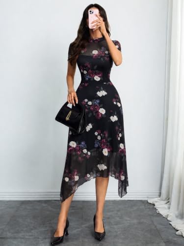 Image of GothDark Women's Wedding Guest Floral Print Vintage Goth Dress Mesh Spliced Double-Layered Irregular Hemline Midi Dresses