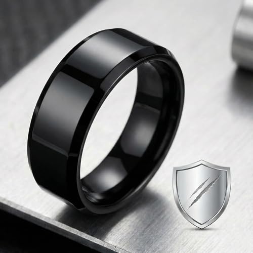 Image of Men's Black Wedding Band Stainless Steel Ring - Matte Brushed Center with Polished Beveled Edges - Comfort Fit Engagement Promise Ring for Him