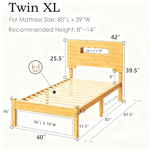 Image of ZIYOO Twin XL Bamboo Bed Frame 14 Inch, Built-in Headboard Storage, Heavy Duty, No Box Spring Needed, Easy Assembly, Noise-Free