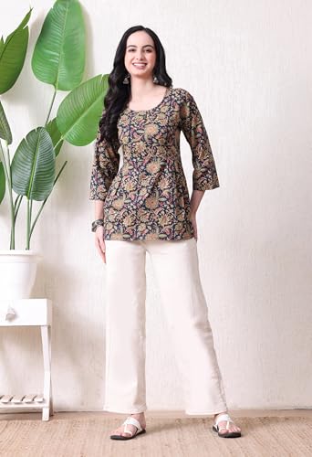 Image of MEERA FAB Women's Floral Printed Cotton Short Kurta | Floral Printed Kurta with Quarter Sleeves | Short Kurti for Women