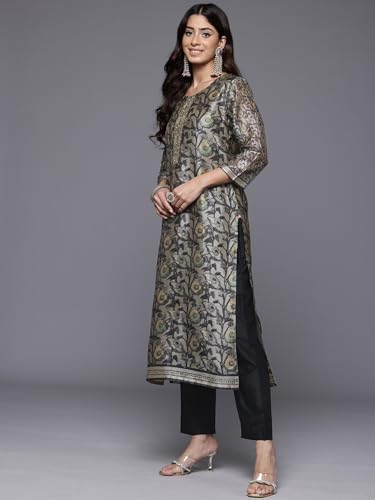 Image of Varanga Women Floral Printed Kurta Pant Set with Dupatta | Silk Blend Fabric | Summer Wear | 3 /4 Sleeve Round Neck | Lightweight & Comfortable Daily Wear