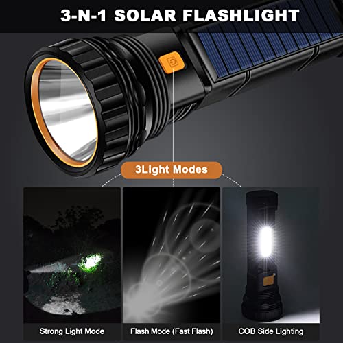 Idealife Solar LED Torch, USB Torch Rechargeable with 3 Lighting Modes, Hand Tools Torches for Kids Camping, Waterproof Flashlight for Power Cuts, Emergency, Camping, Hiking, Outdoor