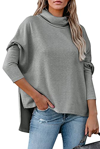 LAICIGO Womenâ€™s Turtleneck Batwing Sleeve Pullover Oversized Slouchy Sweatshirts High Low Side Slit Loose Knit Tops Grey