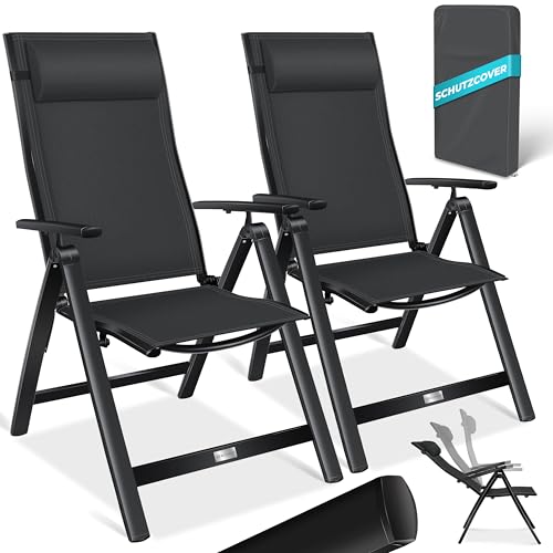 KESSER® Gartenstuhl Hochlehner mit Armlehnen 2er Set Aluminium Klappstuhl mit Kopfkissen & Abdeckung Campingstuhl 7-Fach Verstellbar Rückenlehne Atmungsaktiv Wetterfest Klappbar Anti-Rutsch, Schwarz