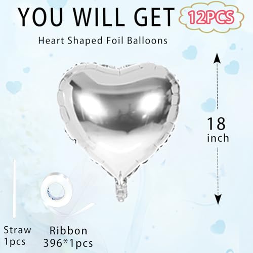 Image of Silver Heart Balloons,18inch Bright Silver Heart Shaped Foil Balloons 12Pcs Helium Mylar Balloon for Anniversary Wedding Engagement Birthday Party Baby Shower Decorations