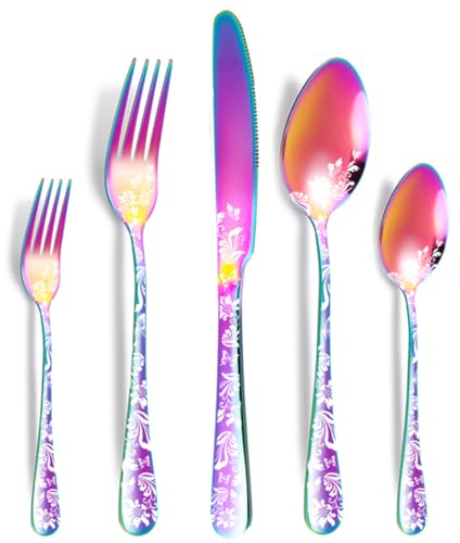 XIAOYU 5 Pieces Silverware Set, Black Flatware Set, Stainless Steel Mirror Polished Cutlery Set, Spoons Forks Knives Set with Unique Floral Laser, Rainbow