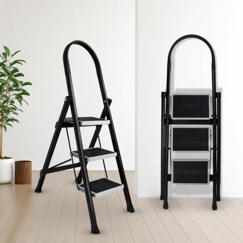 Image of TEKCOOL 3 Step Ladder for Home Use with Built-in Tool Tray | Heavy Duty D Shape Rods | 20 x 30 cm Large Platform | Wide Rubber Feet | Secure Lock | 150Kg Capacity Foldable Ladder