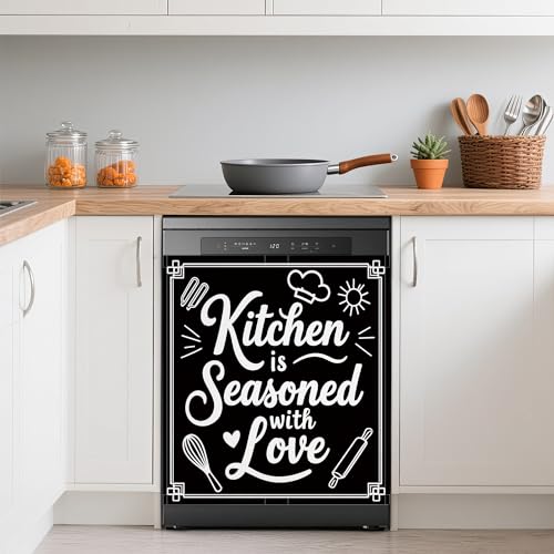 Image of Black Kitchen Utensils Dishwasher Covers for The Front Magnetic,Kitchen is Seasoned with Love Refrigerator Magnets Decoration,Reusable Dishwasher Cover Panel for Home Kitchen Decor 23x26 Inch