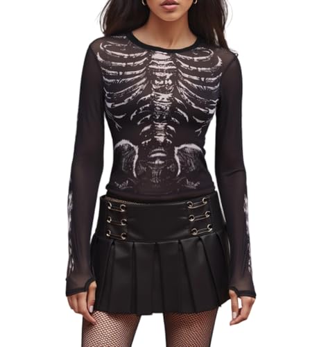 Adoeren Women Skeleton Print Mesh Shirt Gothic Graphic See Through Long Sleeve Crop Tee Blouse Slim Fit Sheer Top Party