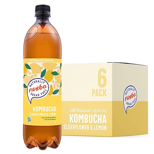 Nexba Naturally Sugar Free Elderflower & Lemon Kombucha, 1 Litre (Pack of 6)