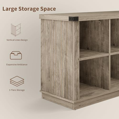 GarveeHome 8 Cube Storage Organizer Bookshelf, Farmhouse Horizontal Bookcase, 62 Inch Wood Storage Bookcase for Entryway, Long Low Bookshelves for Living Room (Grey, 8 Cube)