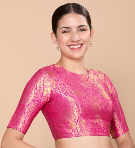 Image of Studio Shringaar Women Brocade Silky Jewel Neck Readymade Elbow Length Sleeve Saree Blouse