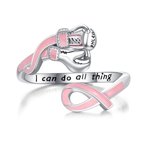 DAYLINLOVE Anillo de plata de ley 925 con diseño de guantes de boxeo y pulgar abierto ajustable. Cintas rosas. Joyería para concienciar sobre el cáncer de mama. Regalos para mujeres, mamás y abuelas