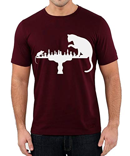 Image of Caseria Men's Cotton Printed T-Shirt -Cat Rat Chess | 100% Cotton | Half Sleeves | Regular Fit | Printed | Round Neck | Graphic T Shirt