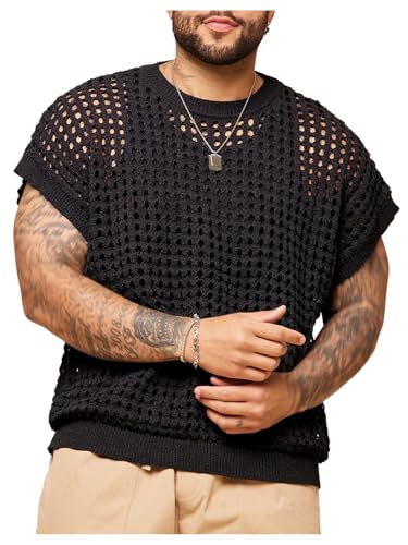 Men's Big and Tall Hollow Out Crochet Sweater Vest Cap Sleeve Sheer Sleeveless Tank Tops Knitwear