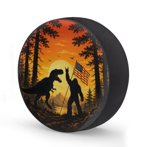 Image of Bigfoot Dinosaur American Flag Spare Tire Cover Wheel Covers Protectors Waterproof Dust-Proof Universal Fit Trailer, RV, SUV and Many Vehicle 16 Inch,C-08