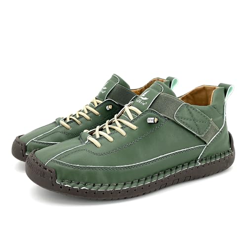 Women's Comfort Walking Shoes, Handstitched Pu Leather Ankle Boots, Green Slip-On Outdoor Flats2