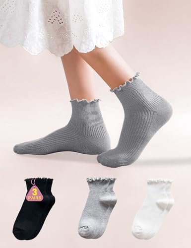 Women's Ruffle Socks Cute Frilly Crew Knit Cotton Lettuce Edge Ankle Cuff Scallop Socks Casual Soft Everyday Style for Girls