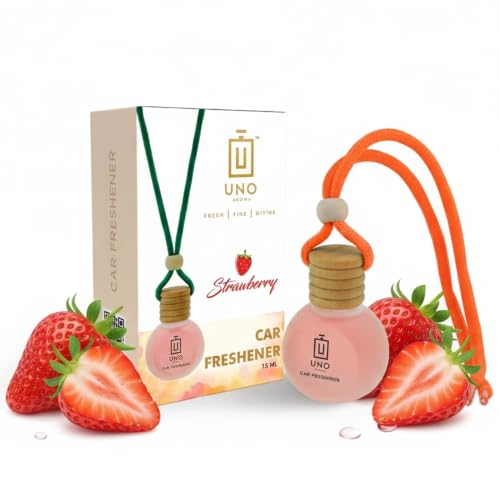 Image of UNO AROMA Strawberry Car Air Freshener, 15ml, Long Lasting Hanging car perfume, Toxin-Free Oil in Glass Bottle with Wooden Diffuser, Car Accessories for fresh aroma, Last Upto-60 Days