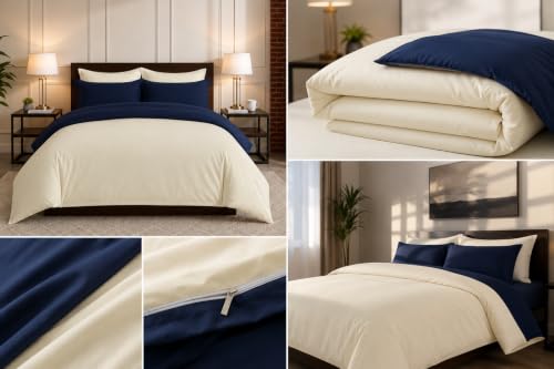 Image of Duvet Cover Single Size Bed (60x92 Inch) 1 Duvet Cover + 4 Pillow Covers with Zipper 600 TC Cotton Reversible Luxurious Quilt, Comforter, Rajai, Blanket Cover (Ivory /Navy Blue)