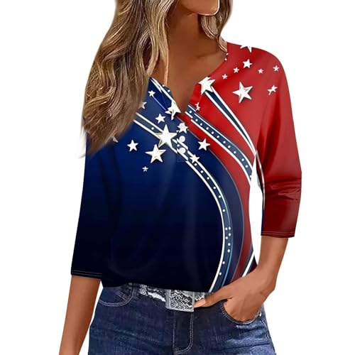 Image of 4th of July Shirts Women 3 /4 Length Sleeve Womens Tops Henley Neck Casual Patriotic T Shirts