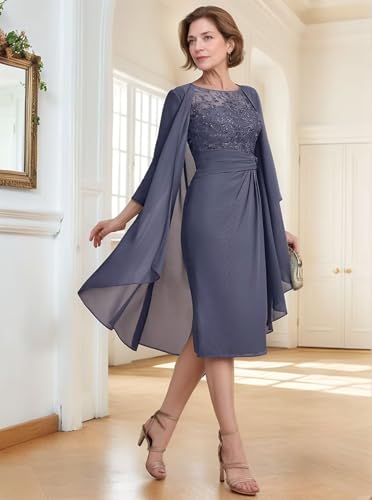 Knee Length Mother of The Bride Dresses for Wedding with Long Sleeve Chiffon Formal Evening Dresses with Jacket3