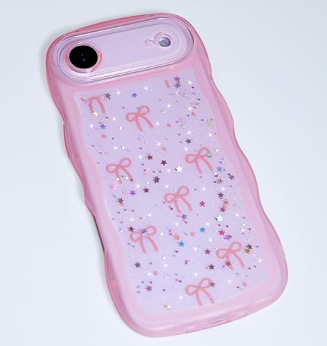Qokey for iPhone 17 Air Case, Glitter Star & Curved Edge Handle Grip Design, Military-Grade Shockproof Transparent TPU Cover, Sparkle Protection Scratch-Resistant, Holographic Pink Bow - image 3