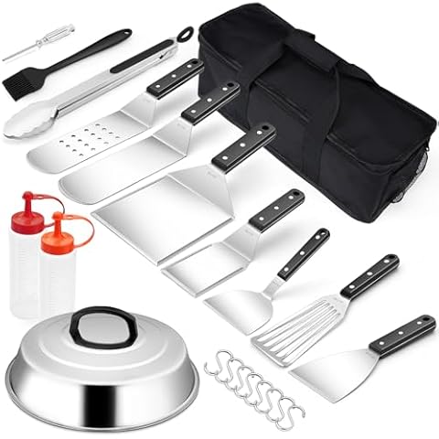 22Pcs Griddle Accessories Kit Flattop Grilling Accessory Set, Joyfair BBQ Grilling Spatula Tools with Basting Cover for Teppanyaki Hibachi Grill, 18/10 Stainless Steel Rust-Free (ABS Handles) Cover