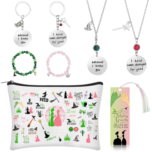 8 Pcs Witch Cosmetic Bag Merch Elphaba And Glinda Fans Gift Witch Party Favors with Witchy Themed Makeup Zipper Pouch Bag Bookmark Keychains Bracelets Necklaces Teacher Appreciation Gifts for Women